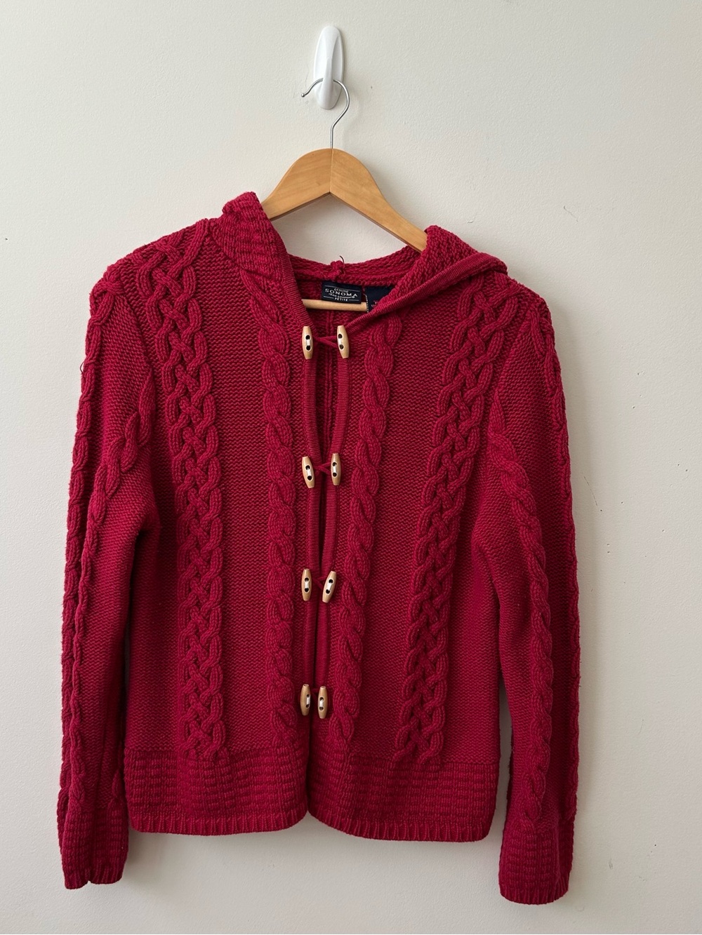 Sonoma Red Cable-Knit Hooded Cardigan with Toggle Closures